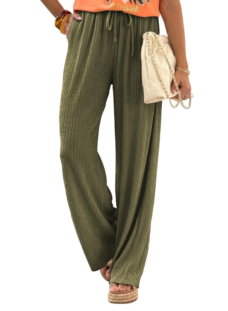 Samefar Flowy Pants for Women Soft Palazzo Linen Pants Wide Leg High Waist Casual Lounge Pant 2025 Beach Travel Vacation Outfits Green Medium - Image 1
