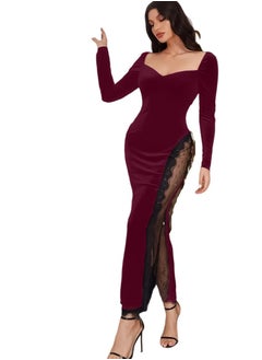 Generic From MANIKAN -Long velvet dress for women-Lace trim with side slit 