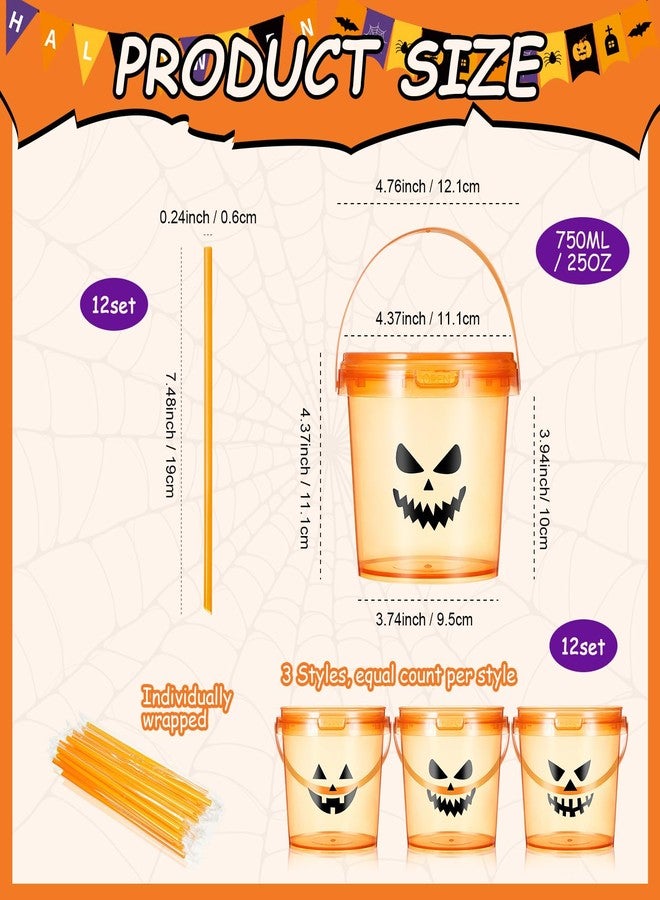 Afarnook 12 Pcs Halloween Jack O Lantern Drink Buckets 25 oz Pumpkin Face Cups with Lids and Straws Reusable Trick or Treat Cocktail Ice Cream Snack Containers for Spooky Party Decor (Orange,Ghost) - Image 2
