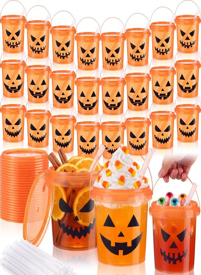 Afarnook 12 Pcs Halloween Jack O Lantern Drink Buckets 25 oz Pumpkin Face Cups with Lids and Straws Reusable Trick or Treat Cocktail Ice Cream Snack Containers for Spooky Party Decor (Orange,Ghost) - Image 1
