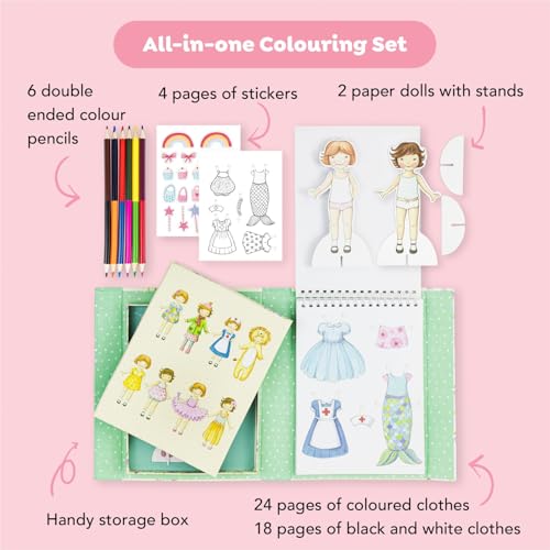 Tiger Tribe: Paper Dolls Kit - Vintage - Design & Dress 2 Paper Dolls, Includes Clothes You Color in, Colored Clothes, Stickers & Colored Pencils - Image 5