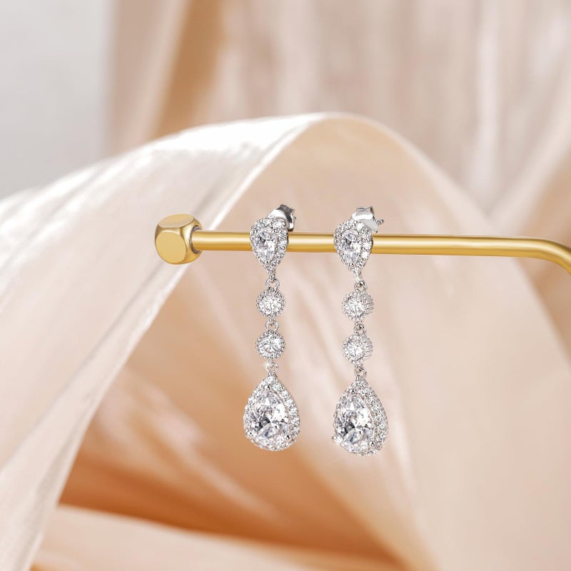 EAMTI Silver Dangle Teardrop Earrings for Women Cubic Zirconia Pear Cut 925 Sterling Silver Post Engagement Wedding Birdal Drop Earrings for Brides - Image 5