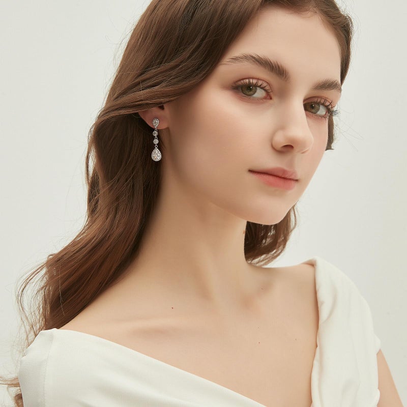EAMTI Silver Dangle Teardrop Earrings for Women Cubic Zirconia Pear Cut 925 Sterling Silver Post Engagement Wedding Birdal Drop Earrings for Brides - Image 2