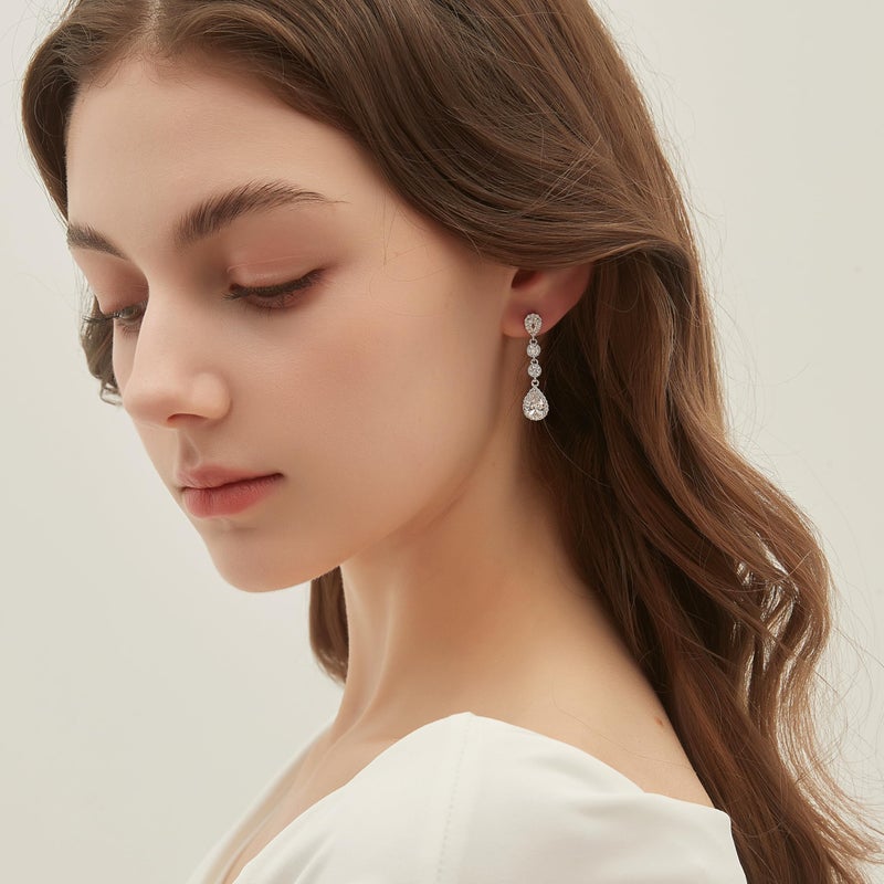 EAMTI Silver Dangle Teardrop Earrings for Women Cubic Zirconia Pear Cut 925 Sterling Silver Post Engagement Wedding Birdal Drop Earrings for Brides - Image 4