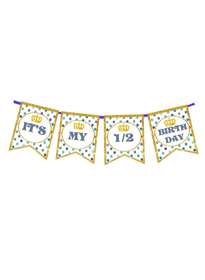 Funcart Funcart Golden Border Crown Printed Blue Polka dot Half Birthday Banner for Half Birthday Decoration/Half Birthday Decoration/6 Month/Half Way to One  - Image 2