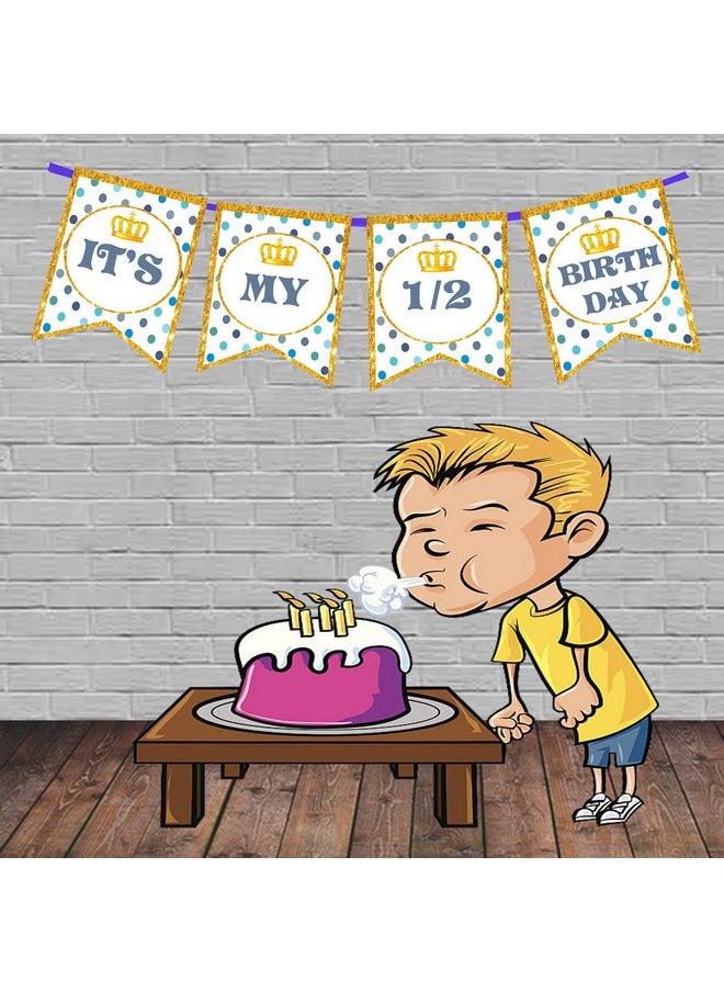 Funcart Funcart Golden Border Crown Printed Blue Polka dot Half Birthday Banner for Half Birthday Decoration/Half Birthday Decoration/6 Month/Half Way to One  - Image 1