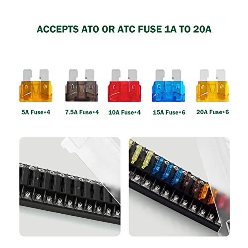 LENKRAD 12 Way Fuse Block Blade Fuse Box NO LED Warning Indicator, 12 Circuits ATC/ATO with Negative Bus, Protection Cover, Bolt Connect Terminals, Sticker Labels for Car Marine RV Truck - Image 3