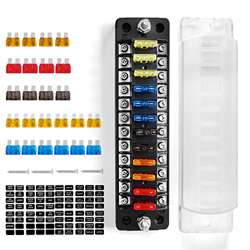 LENKRAD 12 Way Fuse Block Blade Fuse Box NO LED Warning Indicator, 12 Circuits ATC/ATO with Negative Bus, Protection Cover, Bolt Connect Terminals, Sticker Labels for Car Marine RV Truck - Image 1