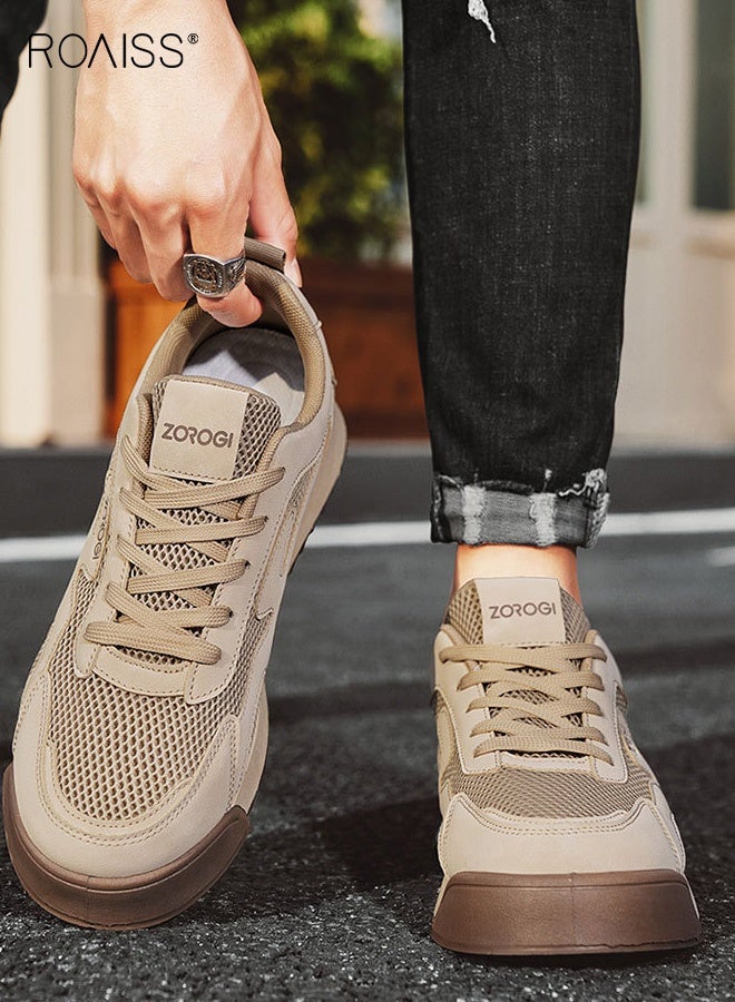 رويس حذاء رياضي رجالي كاجوال للطلاب، منخفض القطع، ذو مقدمة مستديرة، برباط، مناسب للجري، بنعل شبكي سميك وعصري، يوفر تهوية محسّنة، نعل ناعم مانع للانزلاق ومقاوم للتآكل، لون كاكي - Image 1