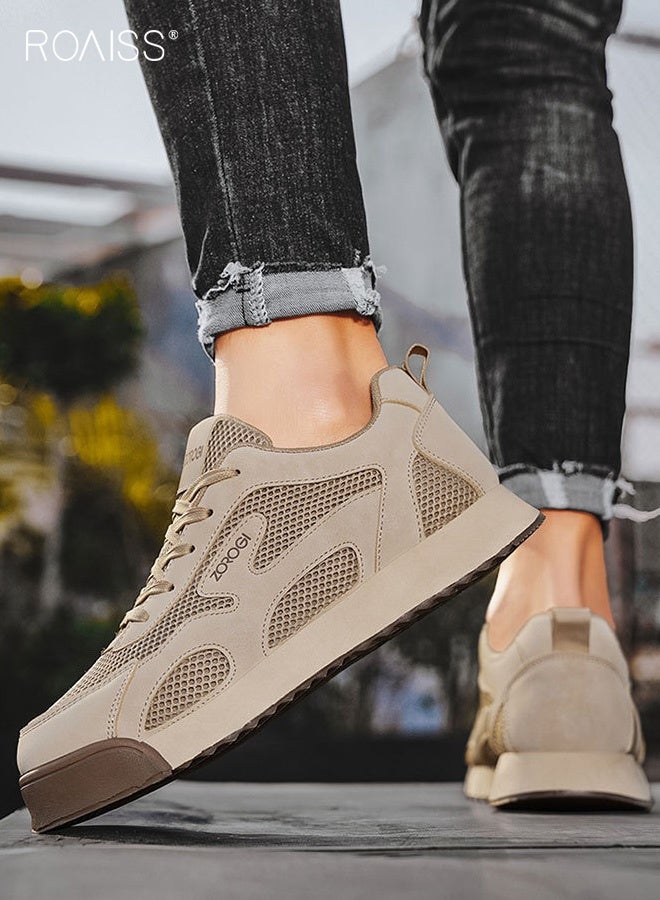 رويس حذاء رياضي رجالي كاجوال للطلاب، منخفض القطع، ذو مقدمة مستديرة، برباط، مناسب للجري، بنعل شبكي سميك وعصري، يوفر تهوية محسّنة، نعل ناعم مانع للانزلاق ومقاوم للتآكل، لون كاكي - Image 3