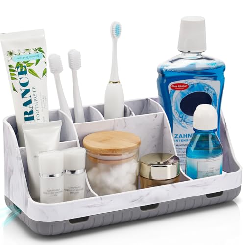 GFWARE Marble Bathroom Countertop Organizer - Detachable 7 Slots Kids Electric Toothbrush and Toothpaste Holde Drainage for Bathroom Accessories Organization Counter Vanity Storage, Grey - Image 1
