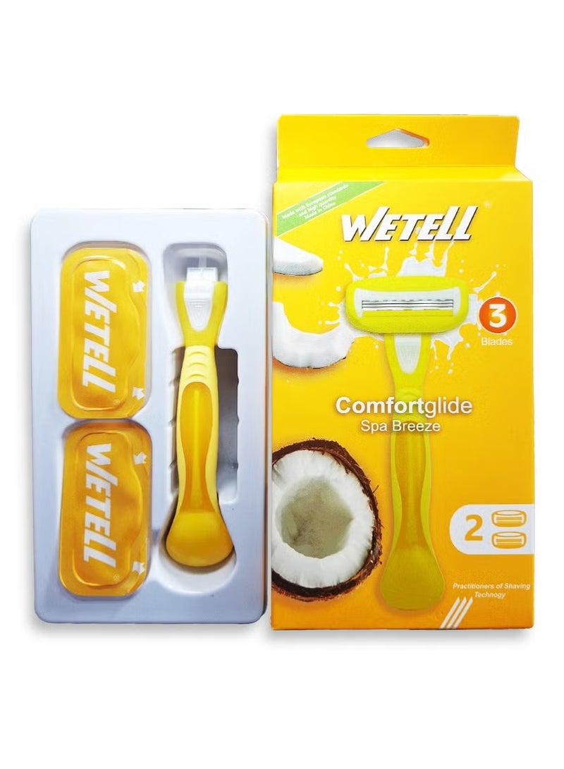 WETELL Comfortglide Spa Breeze 3-blade women's razor, smooth and safe design for sensitive skin, sharp blades and moisturizing foam with plant oil extract for ultra smoothness, with two interchangeable heads and a comfortable handle for easy use, ideal for shaving the body and legs, the movable head does not cause cuts with ease of movement on the body's curves - Image 1