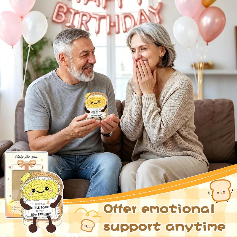 WITCOLOR 60th Birthday Gift For Women Men - Handmade Crochet Toast Ornament With Wood Base, Funny 60th Birthday Milestone Souvenir For Mom, Dad, Wife, Partner, Little Toast Desk Decor - Image 5
