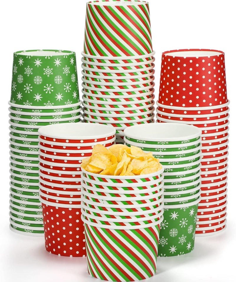 بوتشن أكواب آيس كريم ورقية لعيد الميلاد 9 أونصة أكواب سنداي بنقاط البولكا والثلج والمخطط أطباق ورقية قابلة للاستخدام مرة واحدة أطباق آيس كريم صغيرة للحلويات للأطعمة الباردة أو الساخنة والحساء والحلوى وآيس كريم مستلزمات الحفلات (90) - Image 1