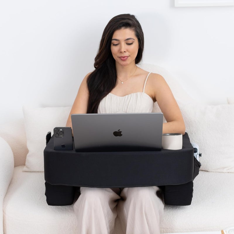 TabCouchCaddy Reading Pillow for Gaming â€“ Extra Large Lap Desk & Arm Rest with Cup & Phone Holder, Adjustable Heights, Laptop Support, Large Pockets â€“ Comfortable for Work, Gaming & Crocheting (Black) - Image 1