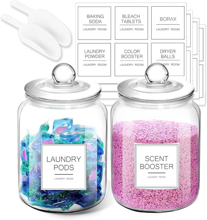 FyndraX Laundry Pods Glass Jars - Half Gallon Airtight Containers with Scoop and Labels for Organization and Storage Laundry Room Detergents Powder, Scent Booster Beads Holder, Set of 2 - Image 1