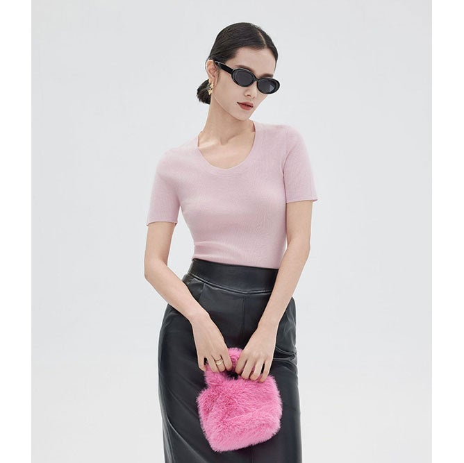 Summer Wool Knit U-Neck T-Shirt Women lavender kind - Image 2
