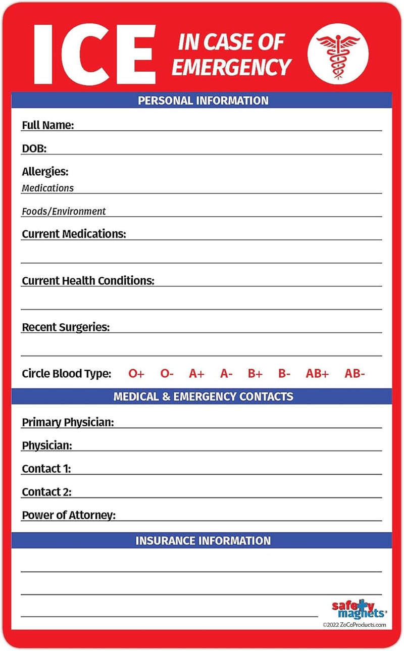 Safety Magnets ICE Medical Card for Seniors - in Case of Emergency Fridge Magnet with Marker - Refrigerator Safety Important Phone Numbers Call List for First Responders - 5.25 x 8.5 in. (1 Pack) 