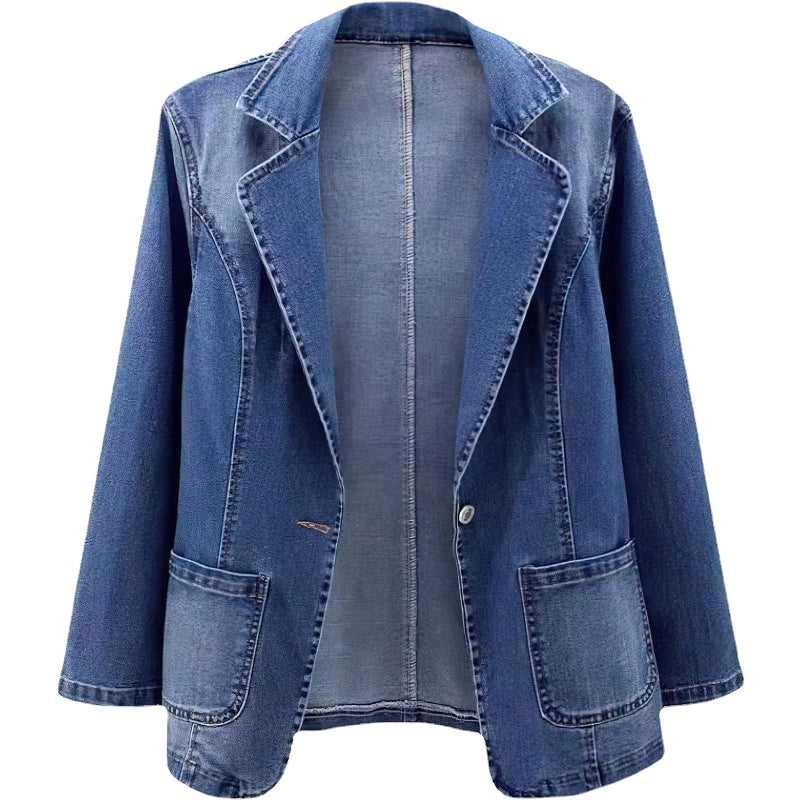ebossy Women's Classic Notch Lapel Denim Blazer One Button Long Sleeve Slim Office Jean Jacket (2XL, Blue) - Image 1