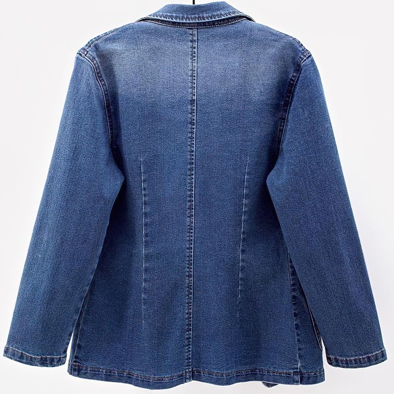 ebossy Women's Classic Notch Lapel Denim Blazer One Button Long Sleeve Slim Office Jean Jacket (2XL, Blue) - Image 2