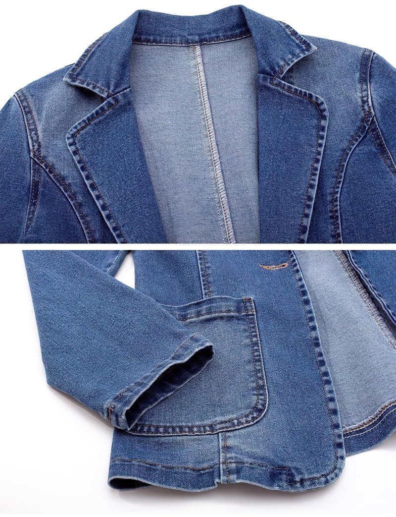 ebossy Women's Classic Notch Lapel Denim Blazer One Button Long Sleeve Slim Office Jean Jacket (2XL, Blue) - Image 3