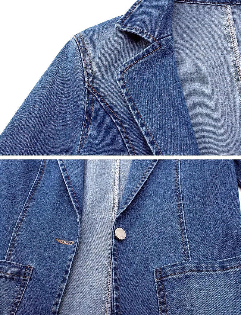 ebossy Women's Classic Notch Lapel Denim Blazer One Button Long Sleeve Slim Office Jean Jacket (2XL, Blue) - Image 4