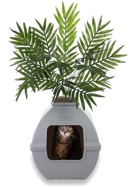 The Courtyard Hidden Litter Box Artificial Plants And Enclosed Square Cat Planter Litter Box Vented And Odor Filter Easy To Clean St Gray