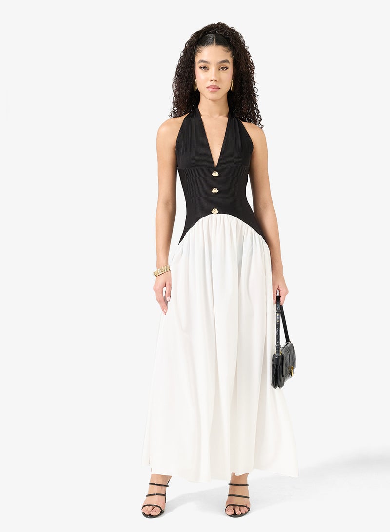 Ginger Halter Neck Monochrome Dress with Golden Accent - Image 1