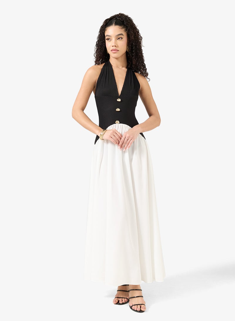 Ginger Halter Neck Monochrome Dress with Golden Accent - Image 4