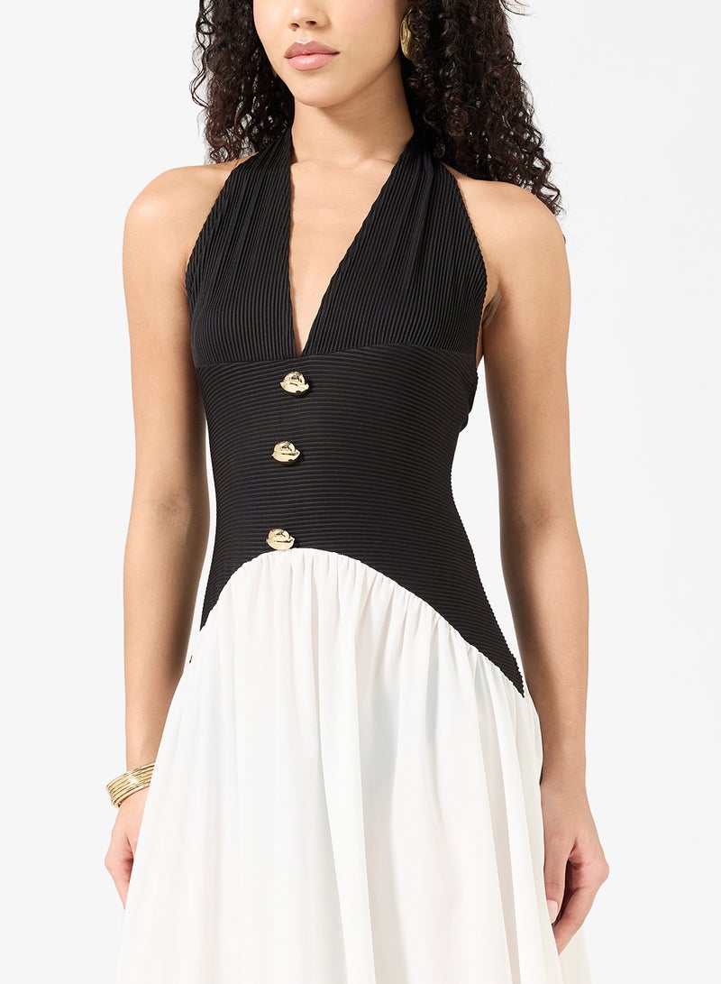 Ginger Halter Neck Monochrome Dress with Golden Accent - Image 3