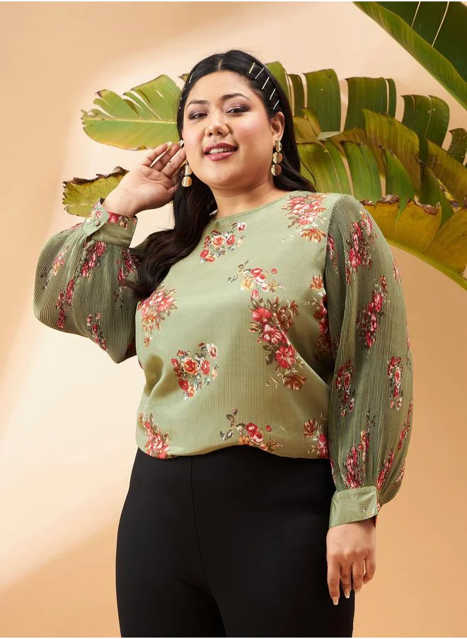 SASSAFRAS Plus Floral Print Top with Plisse Sleeve by Styli