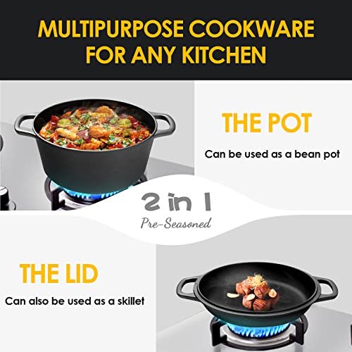 EDGING CASTING 2-in-1 Pre-Seasoned Cast Iron Dutch Oven Pot with Skillet Lid Cooking Pan, Cast Iron Skillet Cookware Pan Set with Dual Handles, Indoor Outdoor for Bread/Frying/Baking/Camping/BBQ, 5 Qt - Image 4