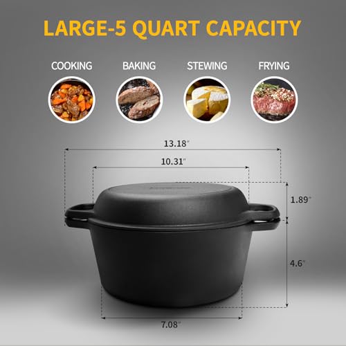 EDGING CASTING 2-in-1 Pre-Seasoned Cast Iron Dutch Oven Pot with Skillet Lid Cooking Pan, Cast Iron Skillet Cookware Pan Set with Dual Handles, Indoor Outdoor for Bread/Frying/Baking/Camping/BBQ, 5 Qt - Image 3