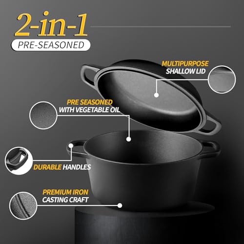 EDGING CASTING 2-in-1 Pre-Seasoned Cast Iron Dutch Oven Pot with Skillet Lid Cooking Pan, Cast Iron Skillet Cookware Pan Set with Dual Handles, Indoor Outdoor for Bread/Frying/Baking/Camping/BBQ, 5 Qt - Image 2