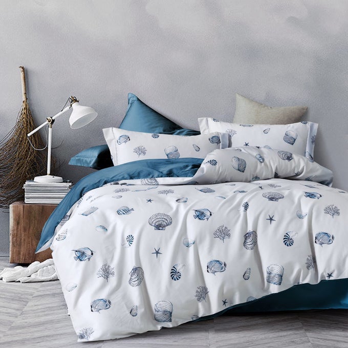 100 WASHED COTTON DUVET COVER BLUE SEASHELL PATTERN COMFORTER COVER SET NAUTICAL COASTAL BEDDING SET WITH ZIPPER CLOSURE 4 TIES KING SIZE