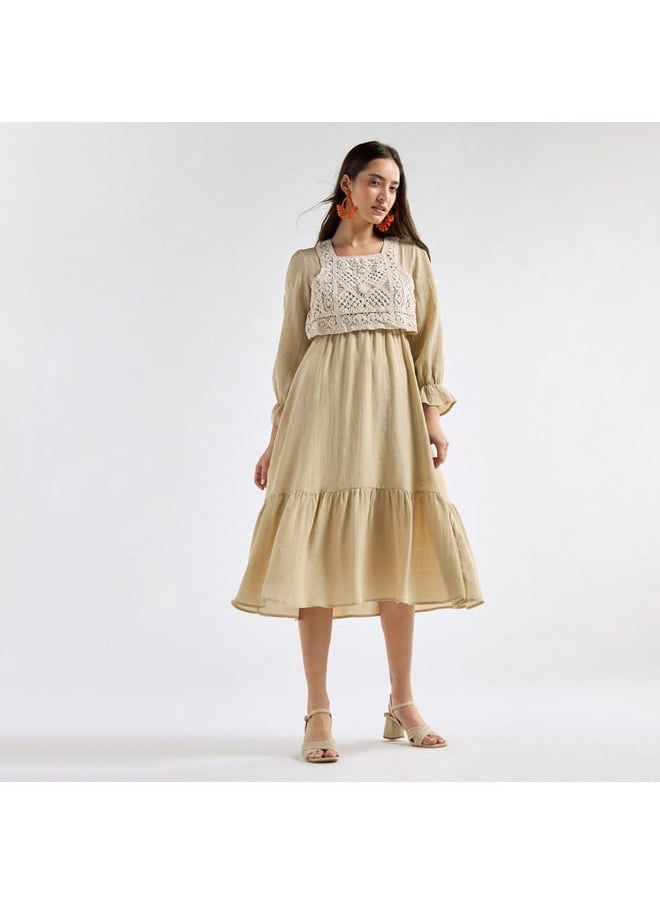 FAV Panelled A-line Dress with Square Neck and Bell Sleeves  - Image 1