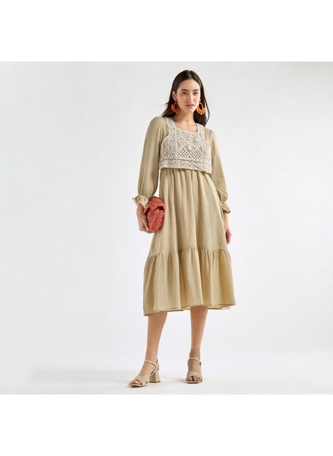 FAV Panelled A-line Dress with Square Neck and Bell Sleeves  - Image 2