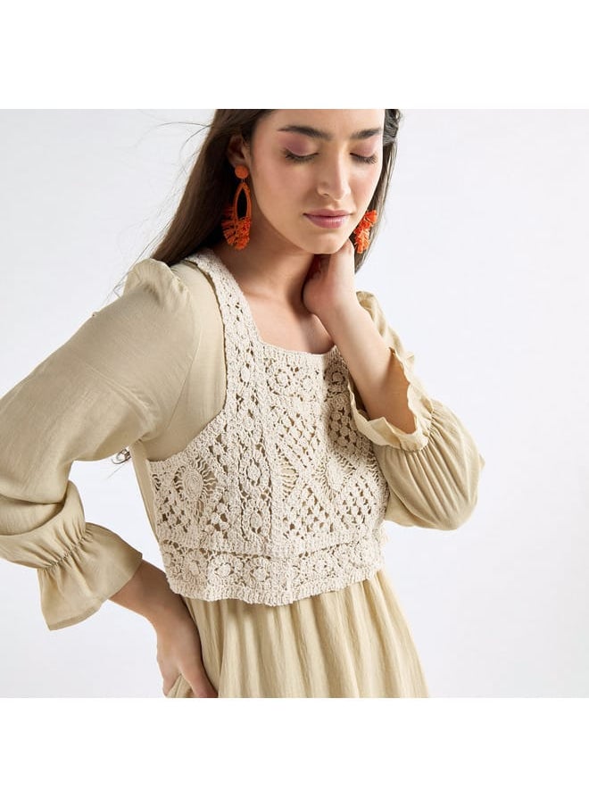 FAV Panelled A-line Dress with Square Neck and Bell Sleeves  - Image 4