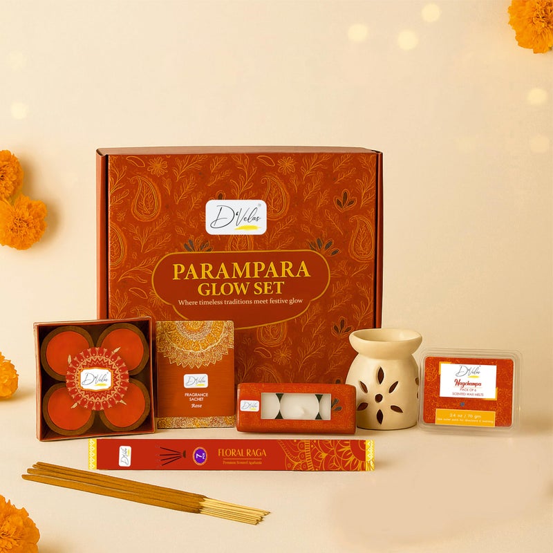 D'Velas D’Velas™ Parampara Glow Christmas Gift Box | Ceramic Aroma Burner, Wax Melts, Tealights, Scented Candles, Fragrance Sachet & Incense Sticks | Holiday Home Decor & Premium Christmas Gifting Set - Image 5