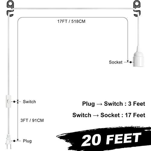 SIXZOONM 20Ft Extension Hanging Lantern Pendant Light Cord - White, E26 Light Bulb Socket with Cord, On/Off Switch, Polarized Plug, UL Approval Hanging Light Cable with Socket (No Bulb) - Image 2
