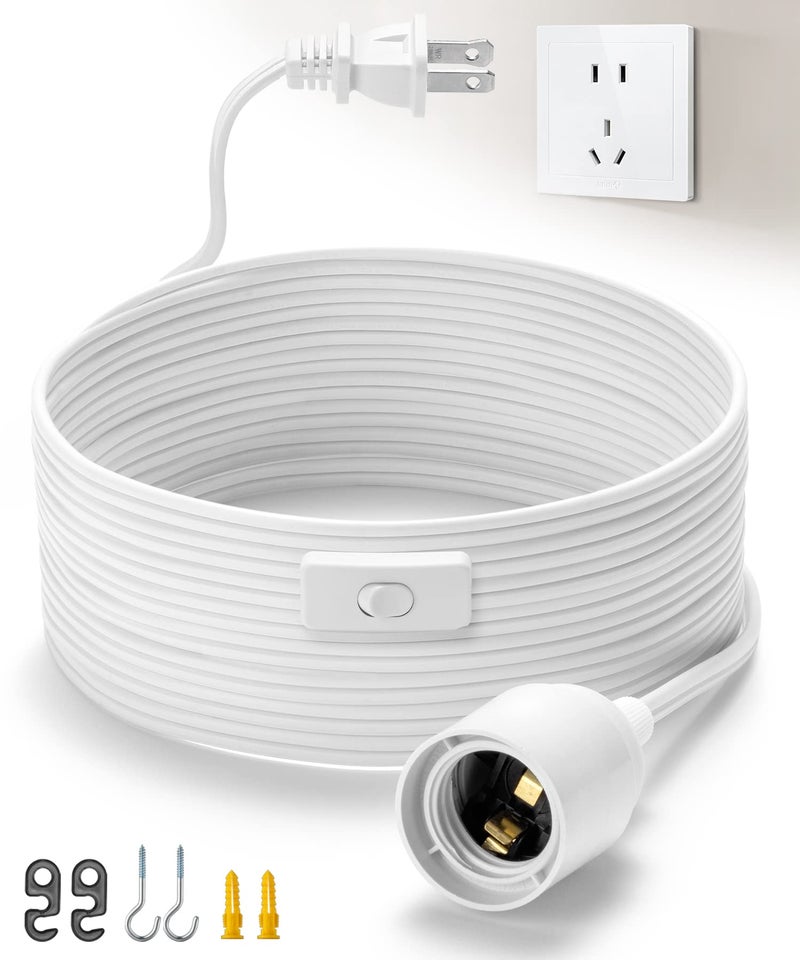 SIXZOONM 20Ft Extension Hanging Lantern Pendant Light Cord - White, E26 Light Bulb Socket with Cord, On/Off Switch, Polarized Plug, UL Approval Hanging Light Cable with Socket (No Bulb) - Image 1