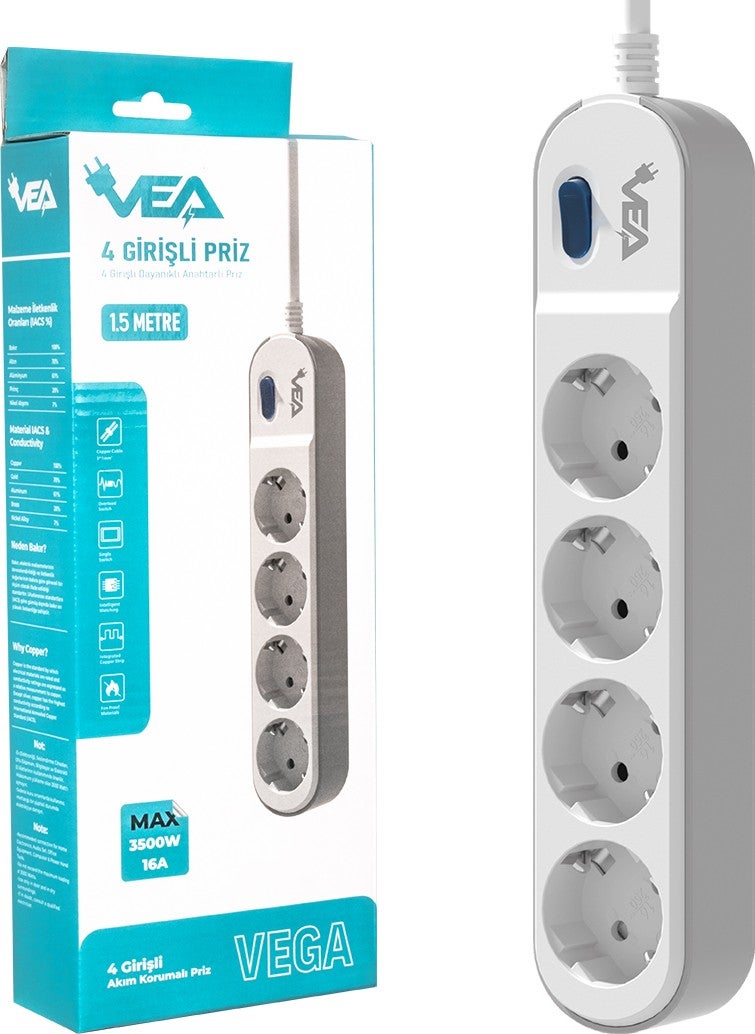 Vea VE-VEGA104 Group Socket 4-Plus Surge Protected Socket with Switch 3500 Watt 16 Ampere Extension Cable 1.5 Meters