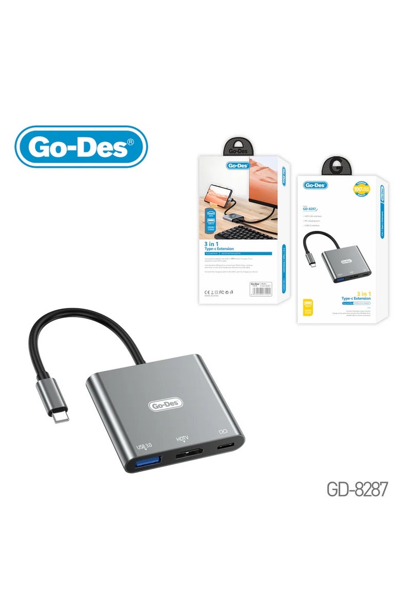 جو-ديز محول -3 في 1 USB C مع مخرج HDMI ونقل بيانات USB 3.0 وشحن PD لاتصال سلس مع أجهزة الكمبيوتر المحمولة وأجهزة التلفزيون وأجهزة العرض - Image 1