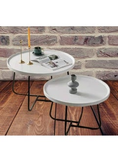 Generic SUPAAR Round Nesting Table Marble: Set of 2 Modern Low Tables Large 80cm Small 60cm Stone Top Plate Steel Legs Circle Center Accent Table Living Room Couch Furniture Decorative  - Image 1