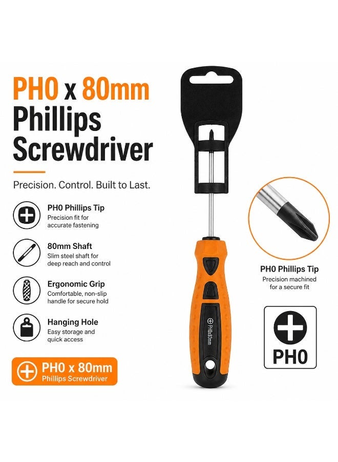 PH0 x 80mm Phillips Screwdriver, Long Shaft Cross Head Screwdriver With Orange Black Anti-Slip Comfort Grip Handle For DIY, Electronics, Furniture & Home Repair - Image 1
