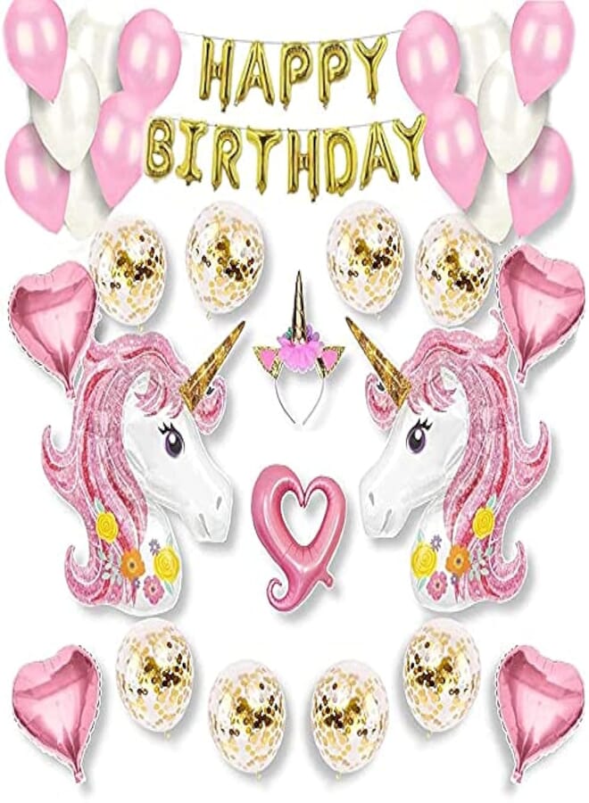 Unicorn Party Decorations Supplies 46 Pcs ITNP 3D Unicorn Happy Birthday Balloons Heart Shaped Foil Balloons Bunting Banner Pink Flowers Garland with Inflator for Infant Girls Birthday Party