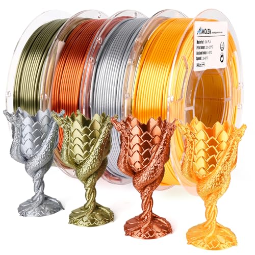 AMOLEN خيوط طباعة ثلاثية الأبعاد من AMOLEN PLA خيوط PLA 1.75 مم حزمة خيوط حريرية، ذهبية، فضية، برونزية، نحاسية حمراء، حزمة خيوط الطباعة ثلاثية الأبعاد، 200 جرام × 4 بكرة - Image 1