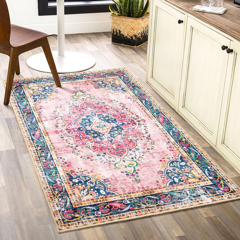 YesRug Small Area Rug 2x3 Pink Boho Bathroom Rug for Entryway Kitchen Blush Thin Foldable Vintage Throw Rug Low Pile Non Slip Washable Indoor Carpet - Image 1