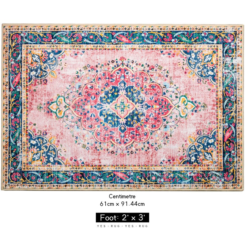 YesRug Small Area Rug 2x3 Pink Boho Bathroom Rug for Entryway Kitchen Blush Thin Foldable Vintage Throw Rug Low Pile Non Slip Washable Indoor Carpet - Image 2