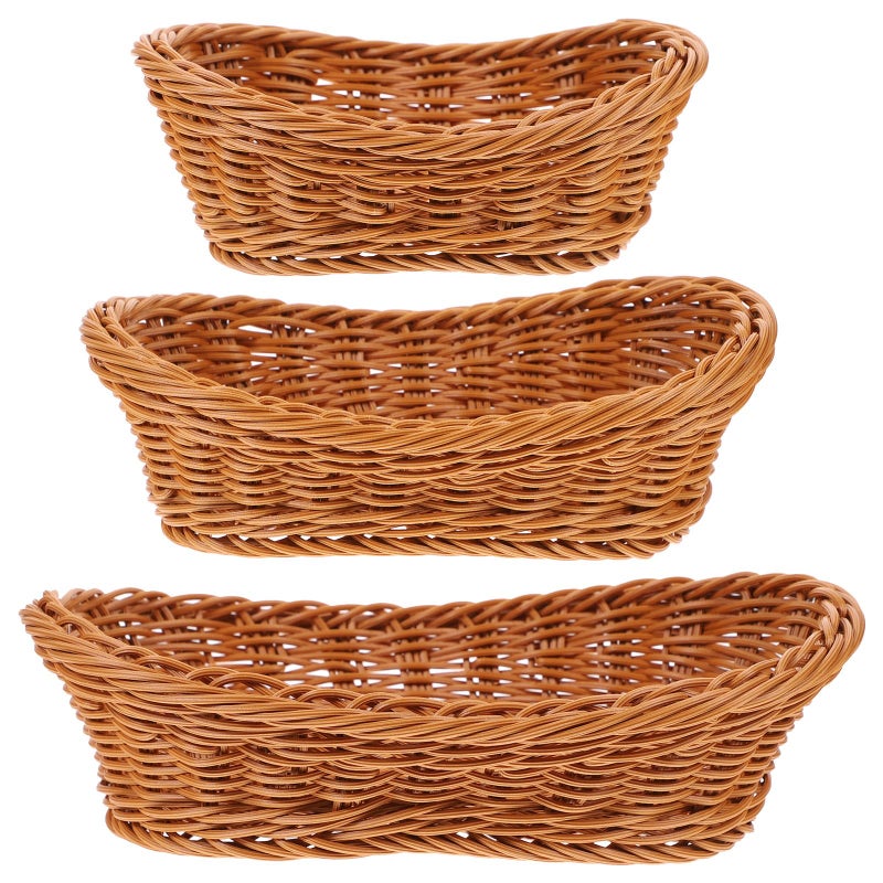 Hand Woven Rattan Bread Basket Set With Plastic Liner 3pcs Kitchen Storage - Image 2